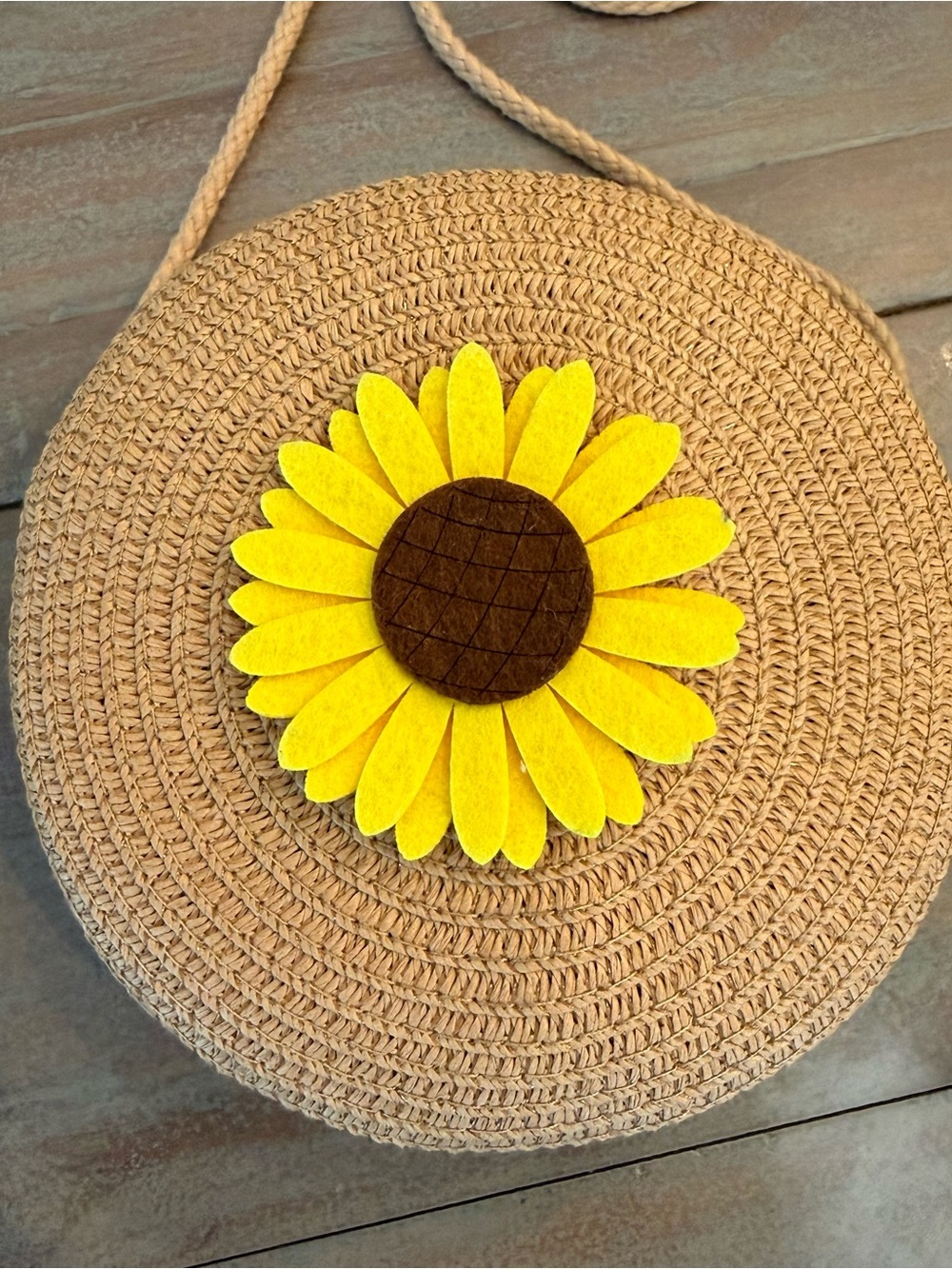 Straw Round Crossbody Bag with Yellow Sunflower Accent - Picture 2 of 12